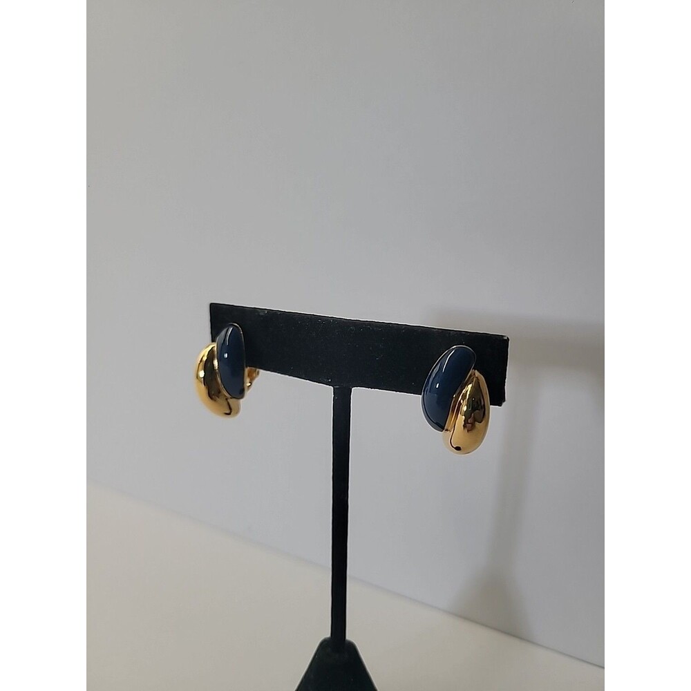 Vintage Blue Enamel Clip On Earrings Gold Tone Swirl Half Hoop Classic 90s